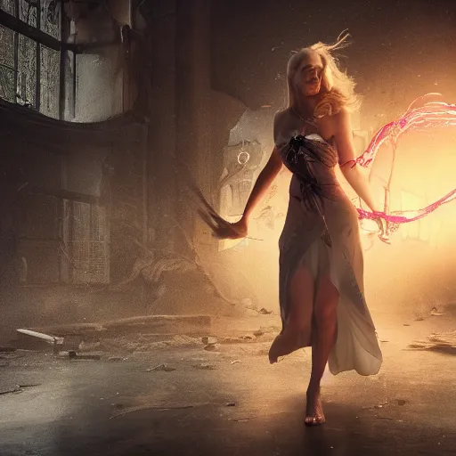 Image similar to beautiful blond hovering sorceress girl, casting a spell, in a destroyed city, moody lighting, 8 k, shallow depth of field, cinematic lighting,