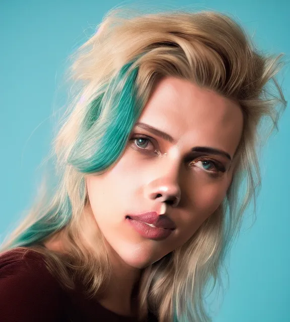 Image similar to beautiful portrait photo of Scarlett Johansson, slight smile, 85mm, teal studio backdrop