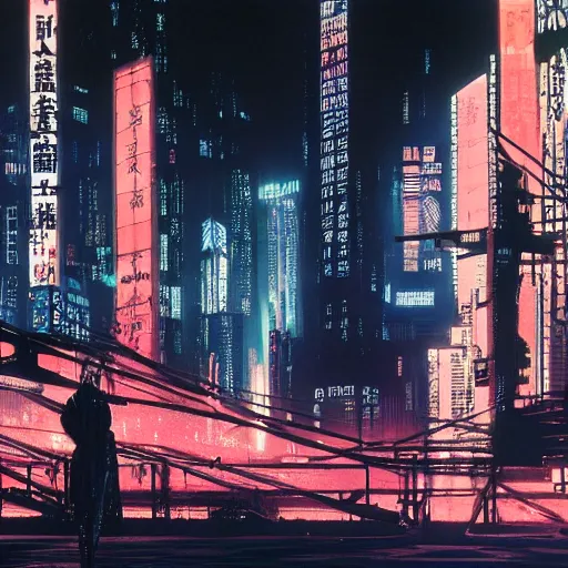 Image similar to high detailed neuromancer in a cyberpunk city at night with a torii in the background by Syd Mead, high quality, 4K, UHD, trending on ArtStation, blade runner vibes, ghost in the shell