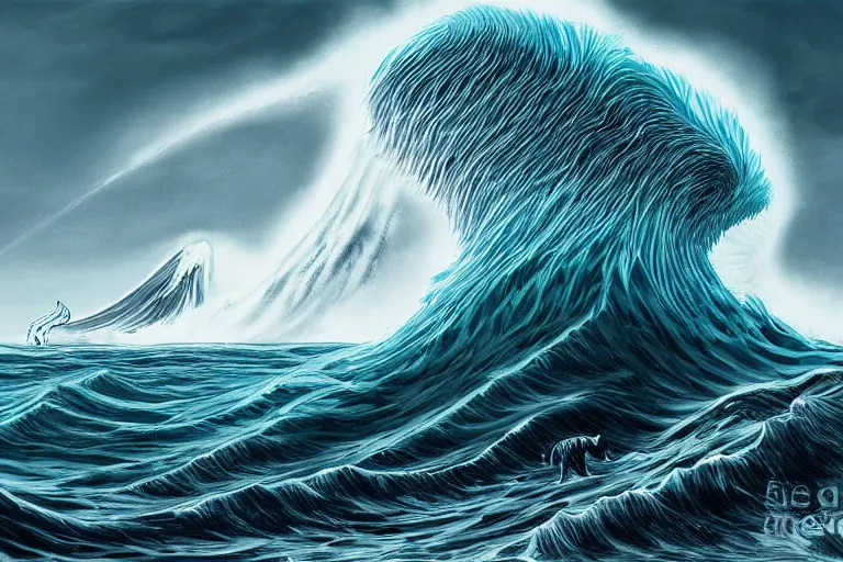 Prompt: giant tsunami wave with a cat of the same size, digital painting, epic composition, highly detailed, 8 k