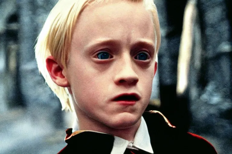 Image similar to film still Macaulay Culkin as Draco Malfoy wearing hogwarts uniform in Harry Potter movie