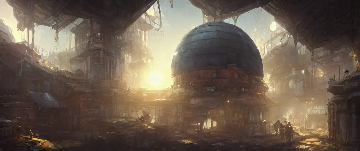 Prompt: ramshackle village built around large dome, concept art, digital painting, style of jordan grimmer, warm lighting, futuristic, volumetric lighting, view from below,dark, nighttime, godrays, high detail