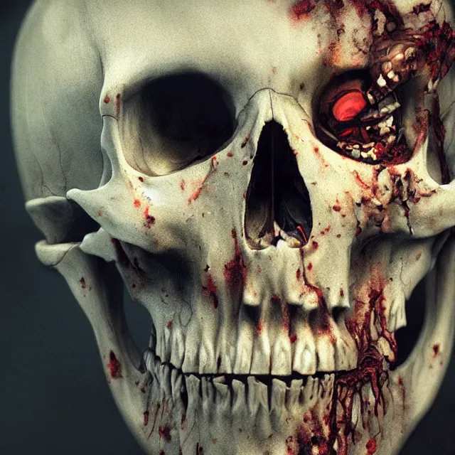 Image similar to hyper realistic photo portrait zombie skull cinematic, greg rutkowski, james gurney, mignola, craig mullins, brom redshift, vray, octane