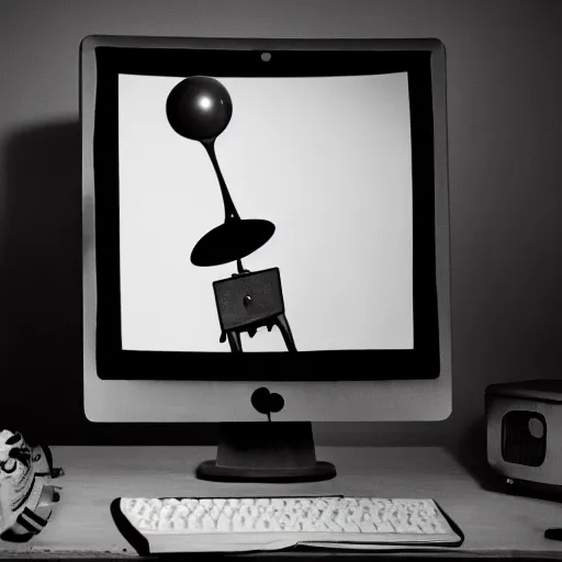 Image similar to a black and white photograph of a mischievous computer screen, by gary baseman, by robert crumb, by jim henson, high contrast, soft lighting, surreal, film photography, 8 k, render