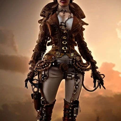 Image similar to beatiful female steampunk cowboy, hellscape, cinematic, insanely detailed and intricate, hyper - realistic 8 k