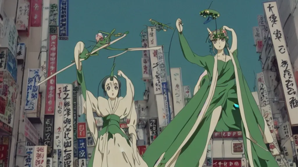 Prompt: a woman wearing a green dress and a praying mantis mask flying in the air in the streets of Tokyo with two swords, anime film still from the an anime directed by Katsuhiro Otomo with art direction by Salvador Dalí, wide lens