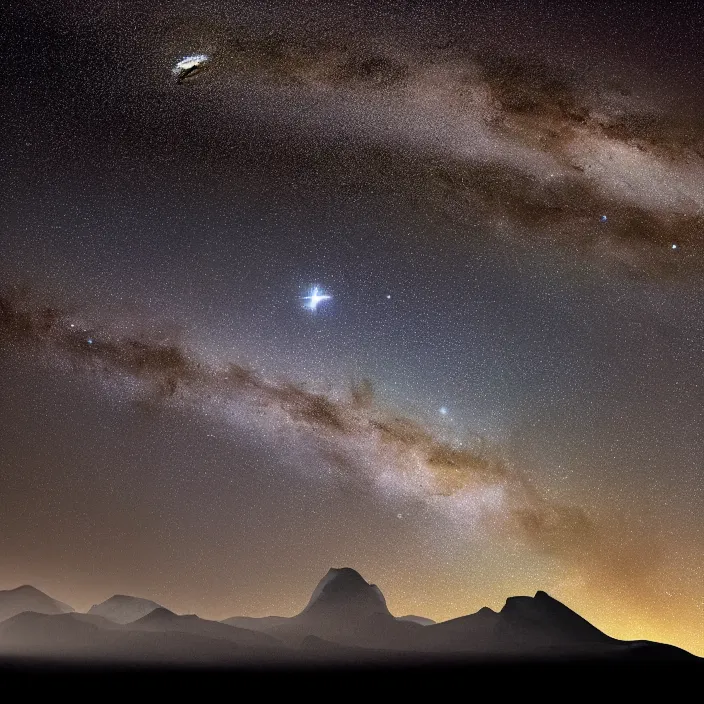 Prompt: Milky Way and an alien moon as seen in the night sky of a distant alien planet with spiky mountain surface, NASA true color photograph, very detailed, 8k resolution