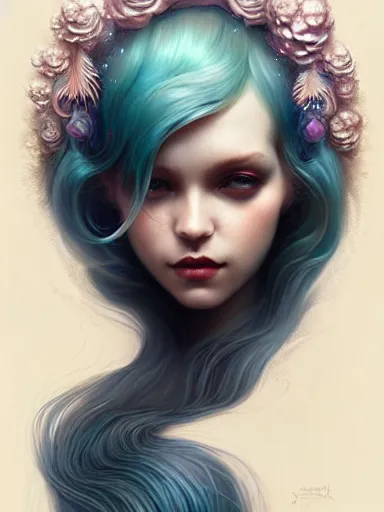 Image similar to mermaid by james jean, charlie bowater, tom bagshaw, nikolay makovsky, melanie delon : : enchanting, ethereal, magical, glowing, sparkle, prismatic, portrait, character design, illustration, hyperrealism, photorealism, digital art, concept art, dark fantasy, whimsy, weta, wlop, artstation