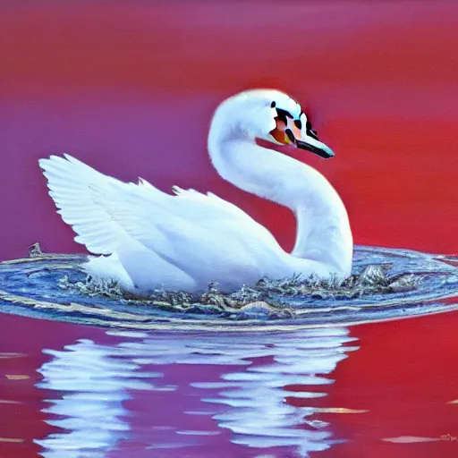 Prompt: serious oil painting of a swan annihilating ducklings in a lake red flow in water