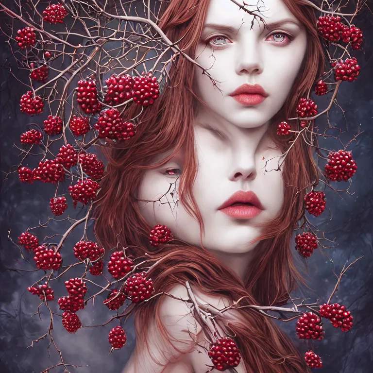 Prompt: a wonderful symmetrical crimson goddess, lots of branches, leaves and white berries of blackberries, wonderful eyes, symmetrical, fantasy, highly detailed, realistic, complex, fantasy, over - detailed, elegant, complex, dynamic lighting, hyperrealism, digital art, artstation, wlop, clear focus, illustrations by filipe pagliuso and justin gerard