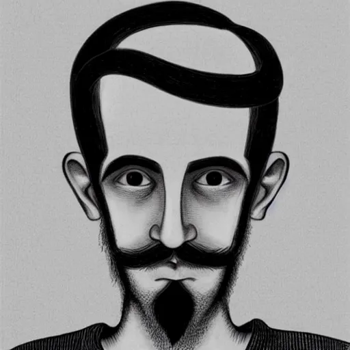 Image similar to young man, long hair, short facial hair, no mustache, dark green eyes, dark eyebrows, light widows peak light facial hair, in the style of mauritz cornelis escher, in - frame