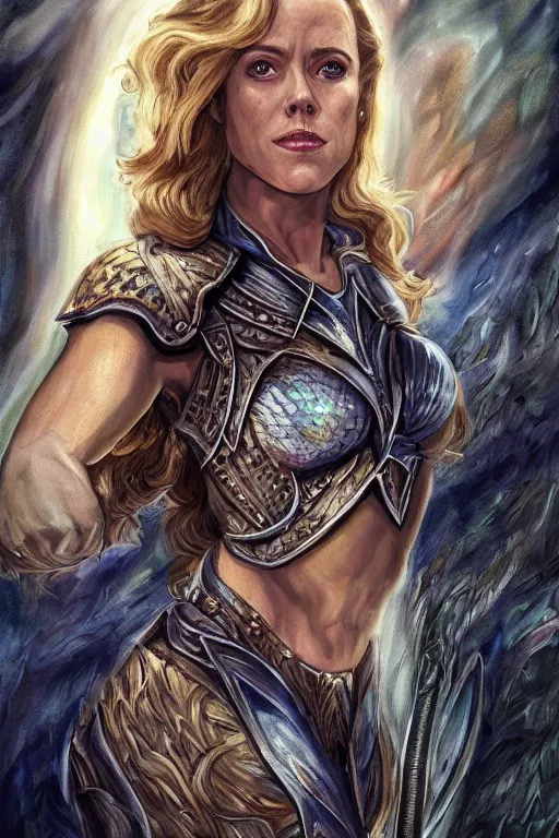 Image similar to A fantasy comic book style portrait painting of, hybrid of Rachel McAdams, Amy Adams, as an Atlantean, Reptilian Warrior, Mystical Valkyrie, Armor, Sword, Archer Bow, Spear, Sheild, François Boucher, Oil Painting, unreal 5, DAZ, hyperrealistic, octane render, Regal, Refined, Coherent, Detailed Digital Art, RPG portrait, William-Adolphe Bouguereau, Michael Cheval, Walt Disney (1937), Steampunk, dynamic lighting, Highly Detailed, Cinematic Lighting, Unreal Engine, 8k, HD