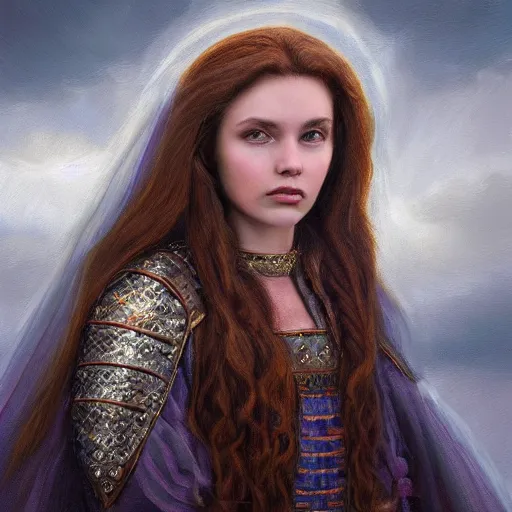 Prompt: portrait of an princess, painting by michael wellen, john stephens, in a medieval city, tone mapping, stormy weather, sleet, trending on artstation