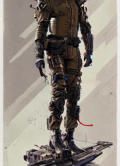 Image similar to menacing cyberpunk mercenary in military vest and jumpsuit. dystopian. portrait by stonehouse and mœbius and will eisner and gil elvgren and pixar. realistic proportions. cyberpunk 2 0 7 7, apex, blade runner 2 0 4 9 concept art. cel shading. attractive face. thick lines.