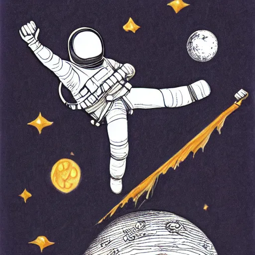 Image similar to drawing of steed situated on top of astronaut that standing on all fours