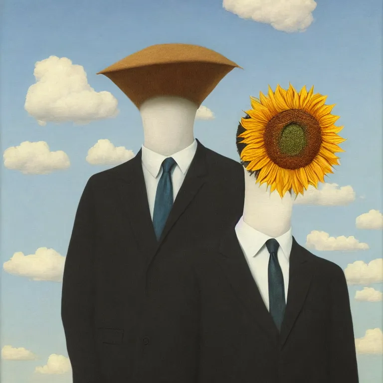 Image similar to portrait of a faceless sunflower - head man in a suit, clouds in the background, by rene magritte, detailed painting, distance, centered, hd, hq, high resolution, high detail, 4 k, 8 k