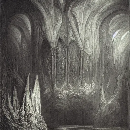 Image similar to an underwater gothic cathedral at the bottom of the ocean surrounded by mermaids, by gustave dore, francisco goya, william blake, dark and scary abyssal ambient, utradetailed, matte painting, smooth zenithal lighting, epic masterpiece,