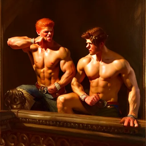 Image similar to muscular male mike and muscular male tyler, one is ginger and the other brunet, drinking their hearts out, in their noble mansion, at night. highly detailed painting by gaston bussiere, craig mullins, j. c. leyendecker 8 k