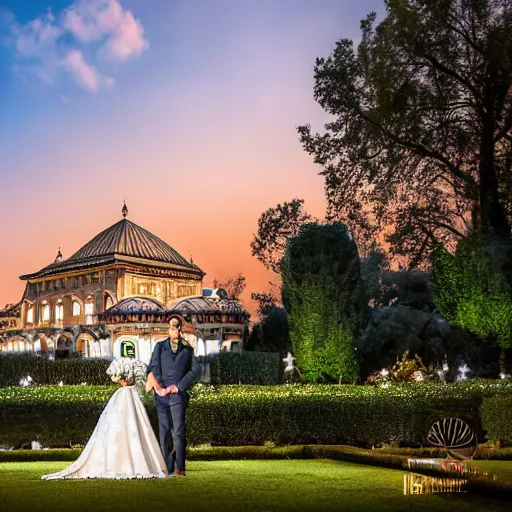 Image similar to Bride and Groom marrying in a garden, with a majestic Ottoman palace in the background, at night, well lit sky, luxury, luxurious wedding, Ottoman Empire era, gold, photorealistic, ultra-detailed, 4k high resolution, HDR shot