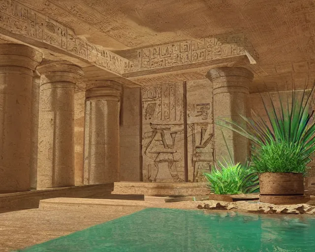 Prompt: Ancient Egypt interior with a pond and plants, digital art