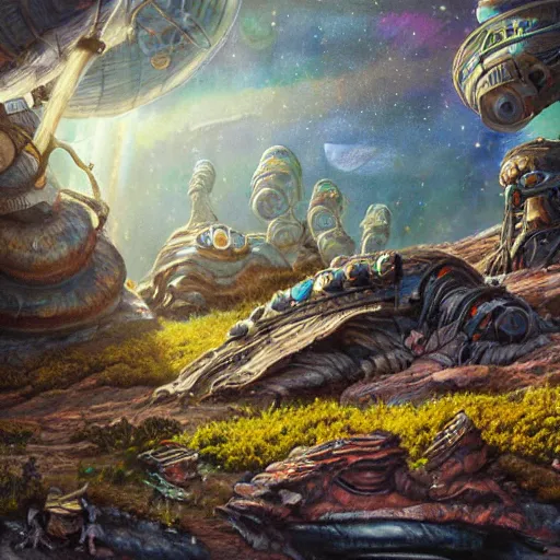 Prompt: astronauts land on ancient post - apocalyptic planet, jim henson creature shop, vivid and colorful, thomas kincaid, cinematic, oil painting, highly detailed, illustration