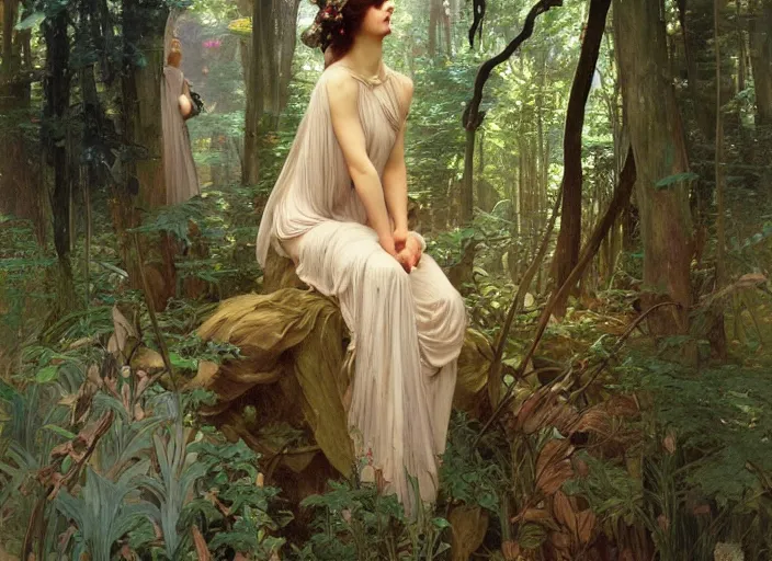 Image similar to will - o'- wisp forest, lush trees, a group of fairies dancing around a demon, magical, vivid colors, rule of thirds, a fantasy digital painting by alphonse mucha, by greg rutkowski, by john william waterhouse, by james gurney, trending on artstation, highly detailed, sharp lines