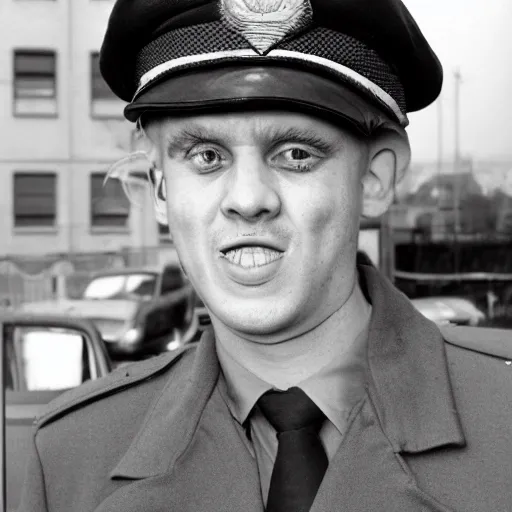 Image similar to photograph of a british man, with crooked teeth, and wide eyes, sneering at camera, 1980s, cop outfit, realistic W- 700 C- 15.0