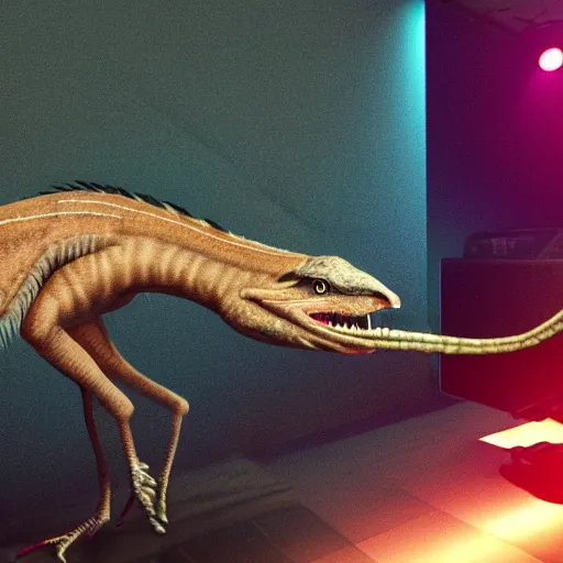 Image similar to photorealistic velicoraptor at a techno party