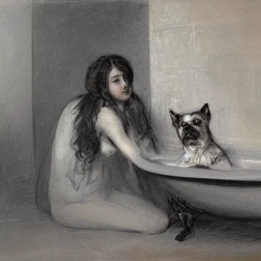 Image similar to young lady being scared by an undead dog while in the bath by alfred stevens in charcoal