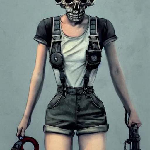 Prompt: a grungy skull woman with short pixie cut hair, soft eyes and narrow chin, dainty figure, torn overalls, short shorts, combat boots, gasmask, basic white background, side boob, symmetrical, single person, style of by jordan grimmer and greg rutkowski, crisp lines and color,