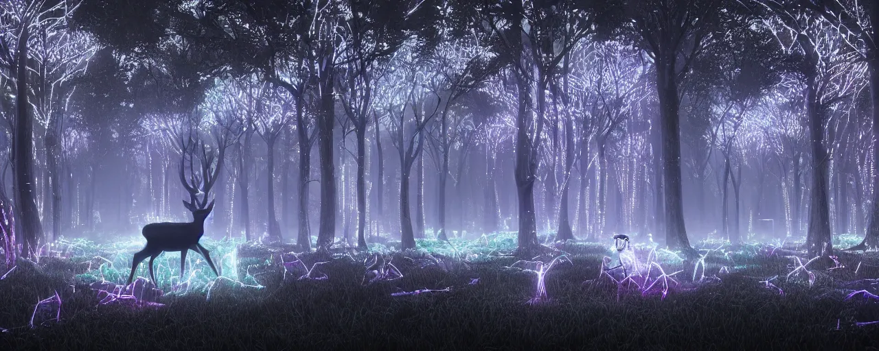 Image similar to deer in an ethereal electronic forest made from glowing circuits and electronics, highly detailed concept art, 3 d, dark, moody, led