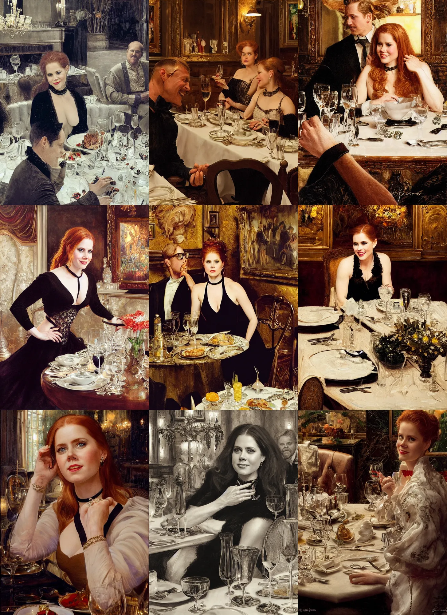 Prompt: dinner with amy adams smiling sitting across the camera wearing a black choker staring into the camera in an expensive private restaurant, 1 9 7 0, intricate, elegant, tasteful, highly detailed, shallow depth of field, artgerm, donato giancola, joseph christian leyendecker