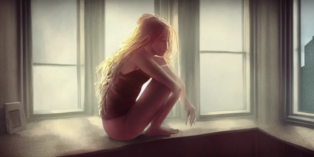 Prompt: the girl on a windowsill, hyper realistic, hyper detailed, epic lighting, cinematic, dynamic volumetric lighting, ray tracing, 8 k, glowing lights, wide shot, reality
