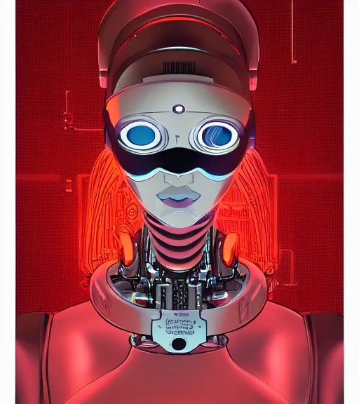 Image similar to a robot with a digitized female face, Industrial Scifi, detailed illustration, character portrait, by Martin Grip and Moebius