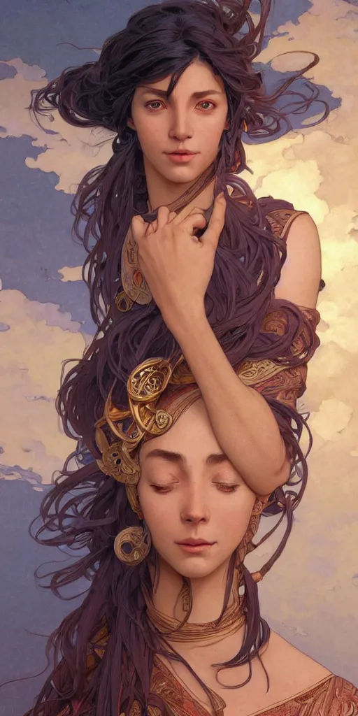 Image similar to charismatic female character, ancient, sand, indigo, intricate, highly detailed, digital painting, artstation, concept art, smooth, sharp focus, illustration, Unreal Engine 5, 8K, art by artgerm and greg rutkowski and alphonse mucha, by Jesper Ejsing, by RHADS, Makoto Shinkai and Lois van baarle, ilya kuvshinov, rossdraws