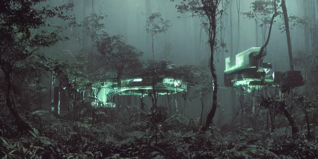 Image similar to film still of a dark futuristic scientific research outpost with complicated machinery and lasers in a moist foggy jungle, science fiction, ridley scott, lights through fog, futuristic outpost building, wet lush jungle landscape, dark sci - fi, 1 9 8 0 s, beige and dark atmosphere, ridley scott