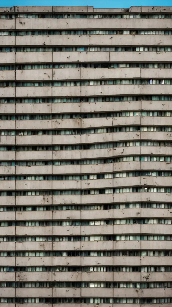 Prompt: photo in style of wes anderson. brutalist soviet building. ultrarealistic. giant buildings have deep tall balconies with many people. thin random columns, large windows, deep overhangs. 8 k, volumetric lighting.