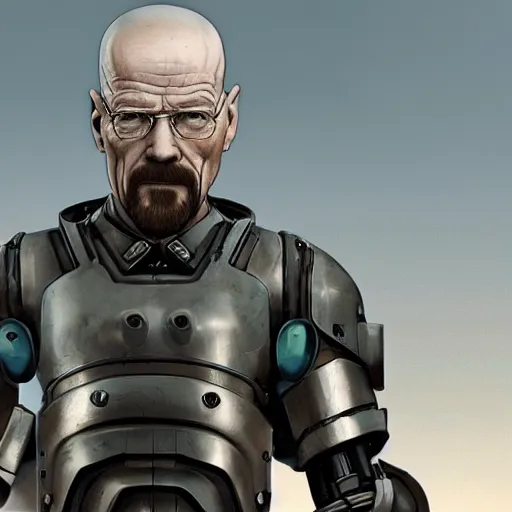 Image similar to Walter White in cybernetic battle armour, 4k octane render, highly detailed, concept art, Ralph McQuarrie