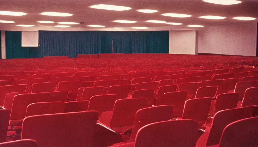 Image similar to 60s movie still of a sovietic stalinist style empty ballroom with chairs and soviet flags, cinestill 800t 50mm eastmancolor, liminal Space style, heavy grain-s 150