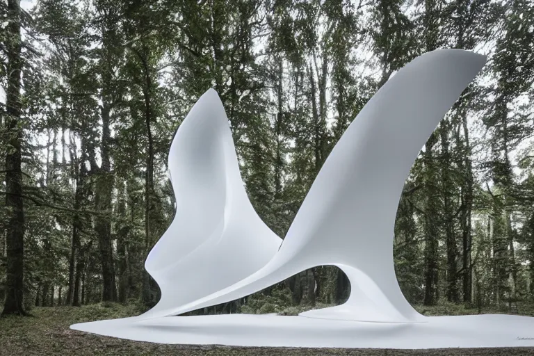 Image similar to a white sculpture designed by Zaha Hadid in a forest, dramatic lighting, trending on Artstation, 8k, photorealistic, hyper detailed, unreal engine 5, IMAX quality, cinematic, epic lighting, in the style of Greg Rutkowski