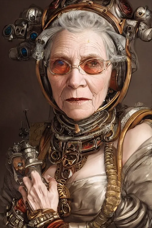 Image similar to portrait, headshot, digital painting, of a old 17th century, old lady cyborg merchant, amber jewels, techno circuit tatoos, baroque, ornate clothing, scifi, futuristic, realistic, hyperdetailed, chiaroscuro, concept art, art by Waterhouse