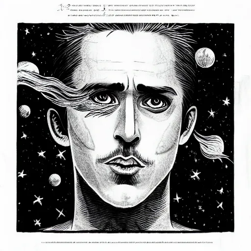 Image similar to black and white pen and ink!!!!!!! Tim Burton designed Ryan Gosling wearing cosmic space robes made of stars final form flowing royal hair golden!!!! Vagabond!!!!!!!! floating magic swordsman!!!! glides through a beautiful!!!!!!! Camellia flower battlefield dramatic esoteric!!!!!! Long hair flowing dancing illustrated in high detail!!!!!!!! by Moebius and Hiroya Oku!!!!!!!!! graphic novel published on 2049 award winning!!!! full body portrait!!!!! action exposition manga panel black and white Shonen Jump issue by David Lynch eraserhead and beautiful line art Hirohiko Araki!! Rossetti, Millais, Mucha, Jojo's Bizzare Adventure