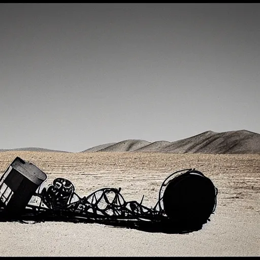 Prompt: a broken time machine stranded in a desert