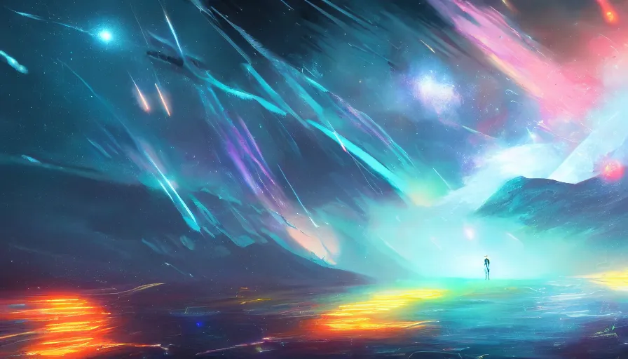 Prompt: concept art by jama jurabaev, meteor rain, cinematic shot, trending on artstation, high quality, brush stroke, hyperspace, vibrant colors, supernova, blackhole, galaxy