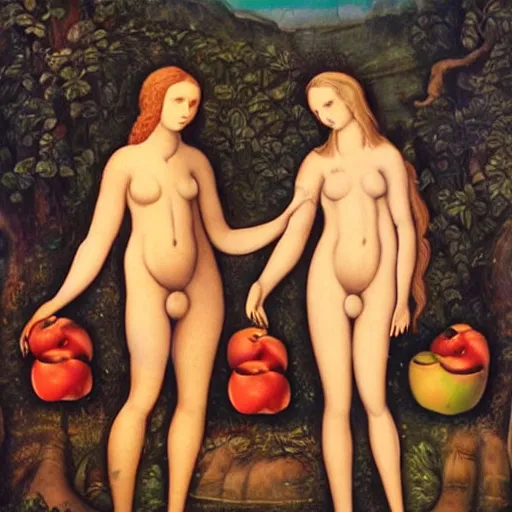 Image similar to adam and eve with apples on their hands