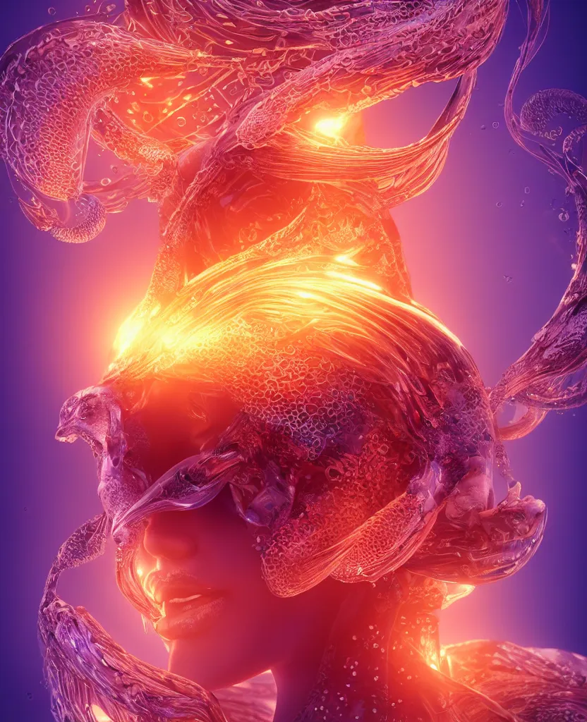 Image similar to close-up macro portrait of the face of a beautiful princess, epic angle and pose, symmetrical artwork, 3d with depth of field, blurred background, cybernetic jellyfish female face skull phoenix bird, translucent, nautilus, energy flows of water and fire. a highly detailed epic cinematic concept art CG render. made in Maya, Blender and Photoshop, octane render, excellent composition, cinematic dystopian brutalist atmosphere, dynamic dramatic cinematic lighting, aesthetic, very inspirational, arthouse. y Greg Rutkowski, Ilya Kuvshinov, WLOP, Stanley Artgerm Lau, Ruan Jia and Fenghua Zhong