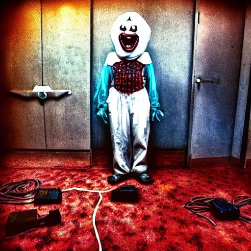 Image similar to Creepy clown-ghost surrounded by cables in dirty motel room, red devil carpet | cyanotype 70's scratched photo | Aesthetics of Silent Hill 3 game