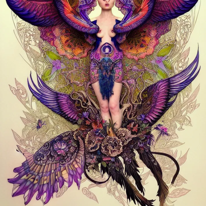 Image similar to extremely psychedelic tattoo design made of wings and mushrooms, LSD tattoo design, diffuse lighting, fantasy, intricate, elegant, highly detailed, lifelike, photorealistic, digital painting, artstation, illustration, concept art, smooth, sharp focus, art by John Collier and Albert Aublet and Krenz Cushart and Artem Demura and Alphonse Mucha