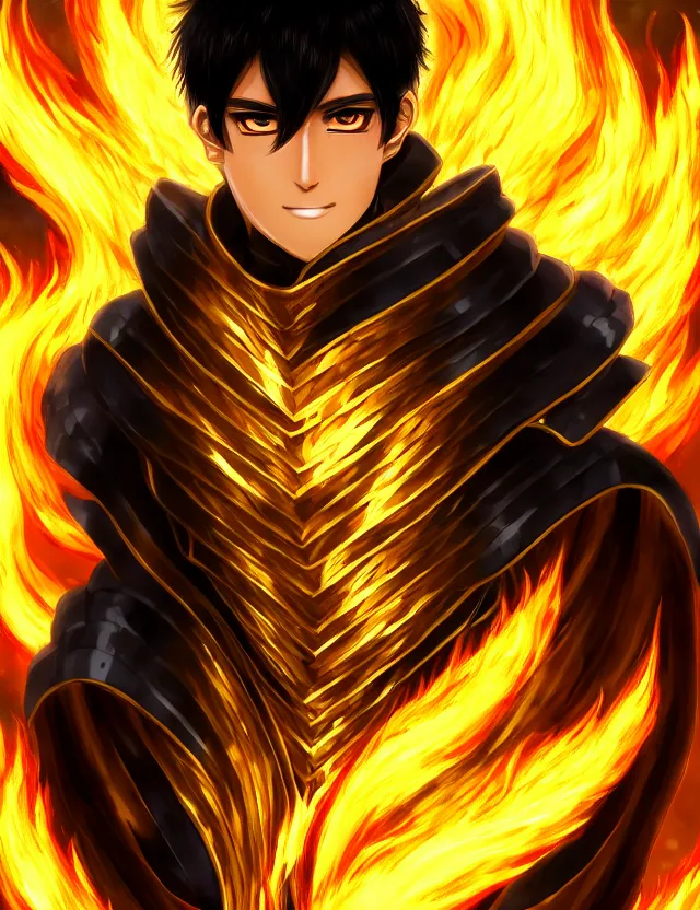 Image similar to a detailed manga portrait of a black haired man with hazel eyes in gleaming golden armour that burns with golden fire, trending on artstation, digital art, 4 k resolution, detailed, high quality, sharp focus, hq artwork, coherent, insane detail, character portrait