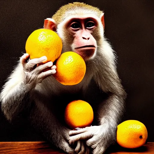 Image similar to monkey holding money, chromatic, crepuscular rays, dslr, caravaggio, citrus, dof